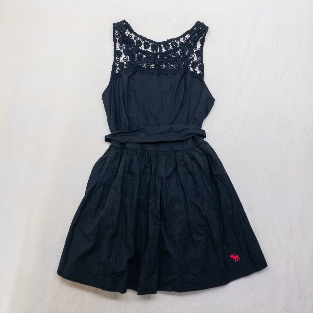 Abercrombie & Fitch Dress Womens XXS Navy Blue Lace Yoke Fit Flare Tie Waist New